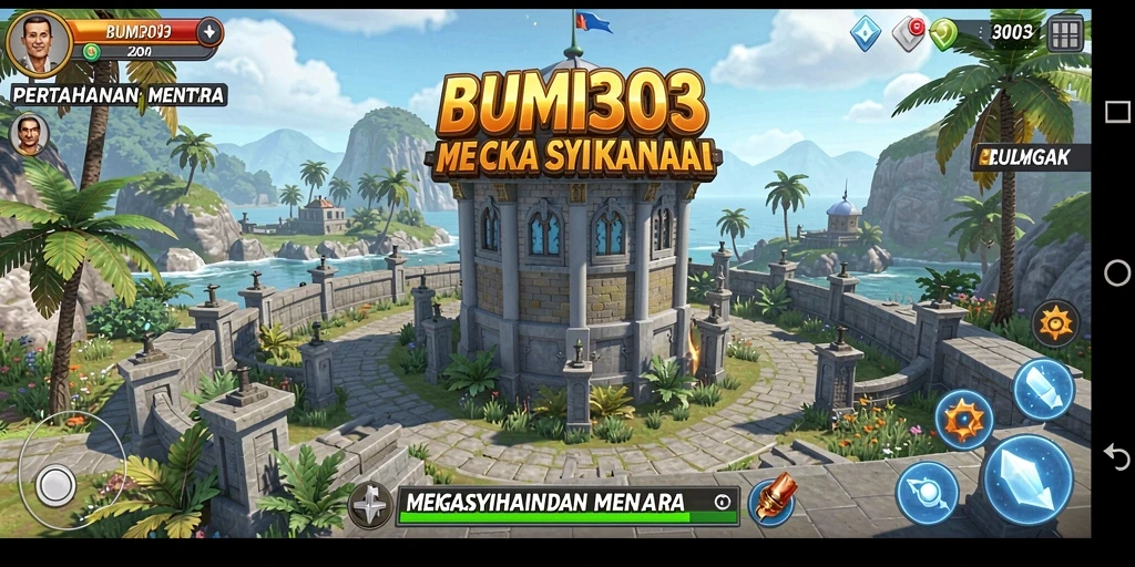 Tampilan gameplay BUMI303 saat defend menara dari serangan musuh.