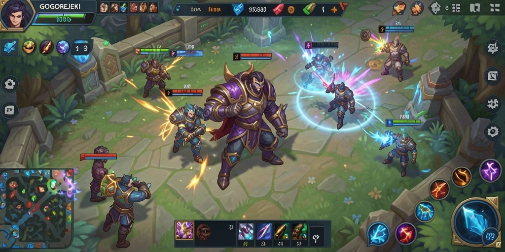 Screenshot GOGOREJEKI menunjukkan aksi seru dalam pertempuran tim MOBA.