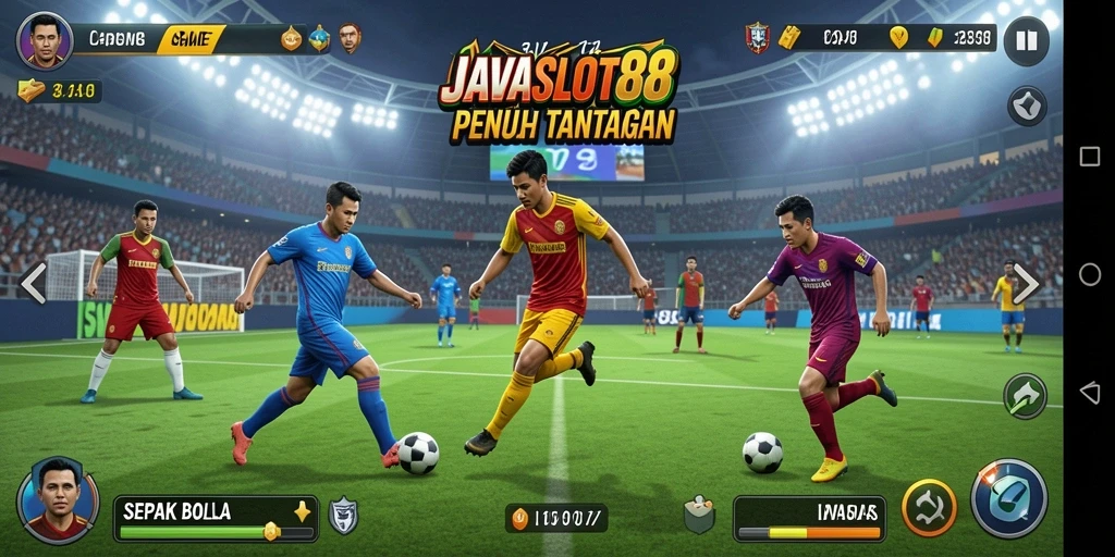Screenshot gameplay JAVASLOT88 menampilkan aksi seru dalam pertandingan sepak bola.