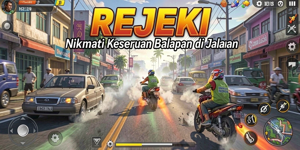 Screenshot REJEKI menampilkan aksi balapan yang mendebarkan.