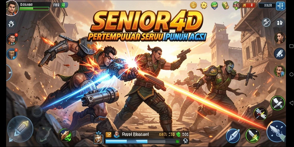 Tangkapan layar utama menunjukkan pertempuran intens dalam SENIOR4D.