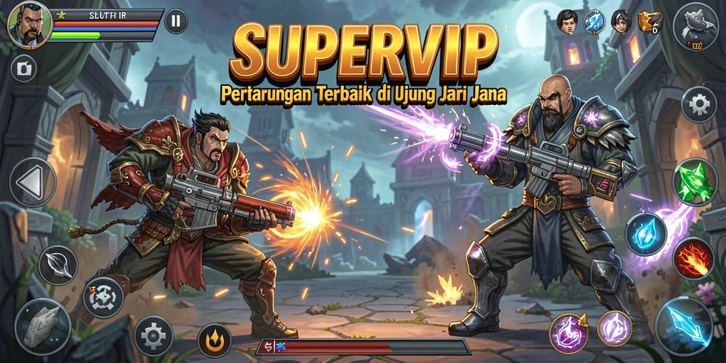 Tangkapan layar gameplay <strong>SUPERVIP</strong> menunjukkan pertarungan seru dan karakter unik.