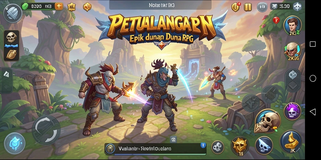 Screenshot gameplay <strong>ZK3</strong> menunjukkan karakter bertarung melawan monster besar.
